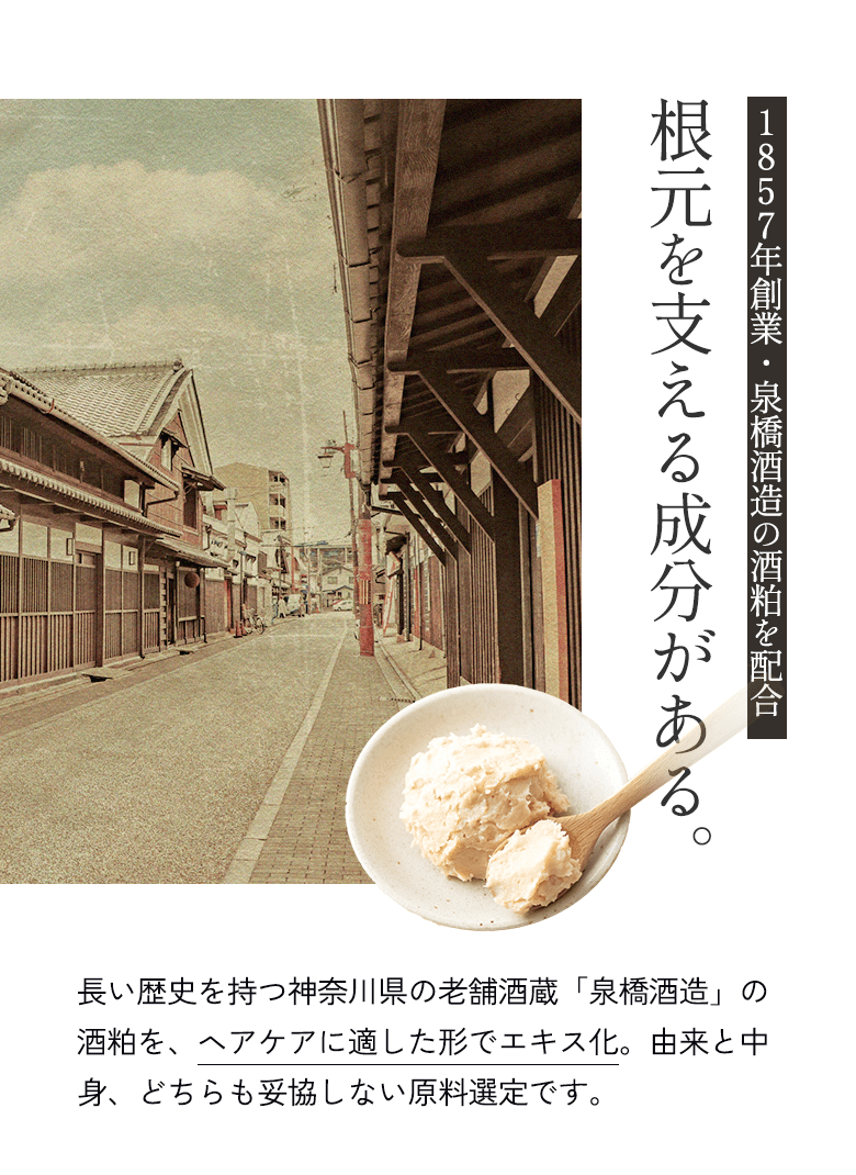 長い歴史を持つ神奈川県の老舗酒蔵「泉橋酒造」の酒粕を、ヘアケアに適した形でエキス化。由来と中身、どちらも妥協しない原料選定です。